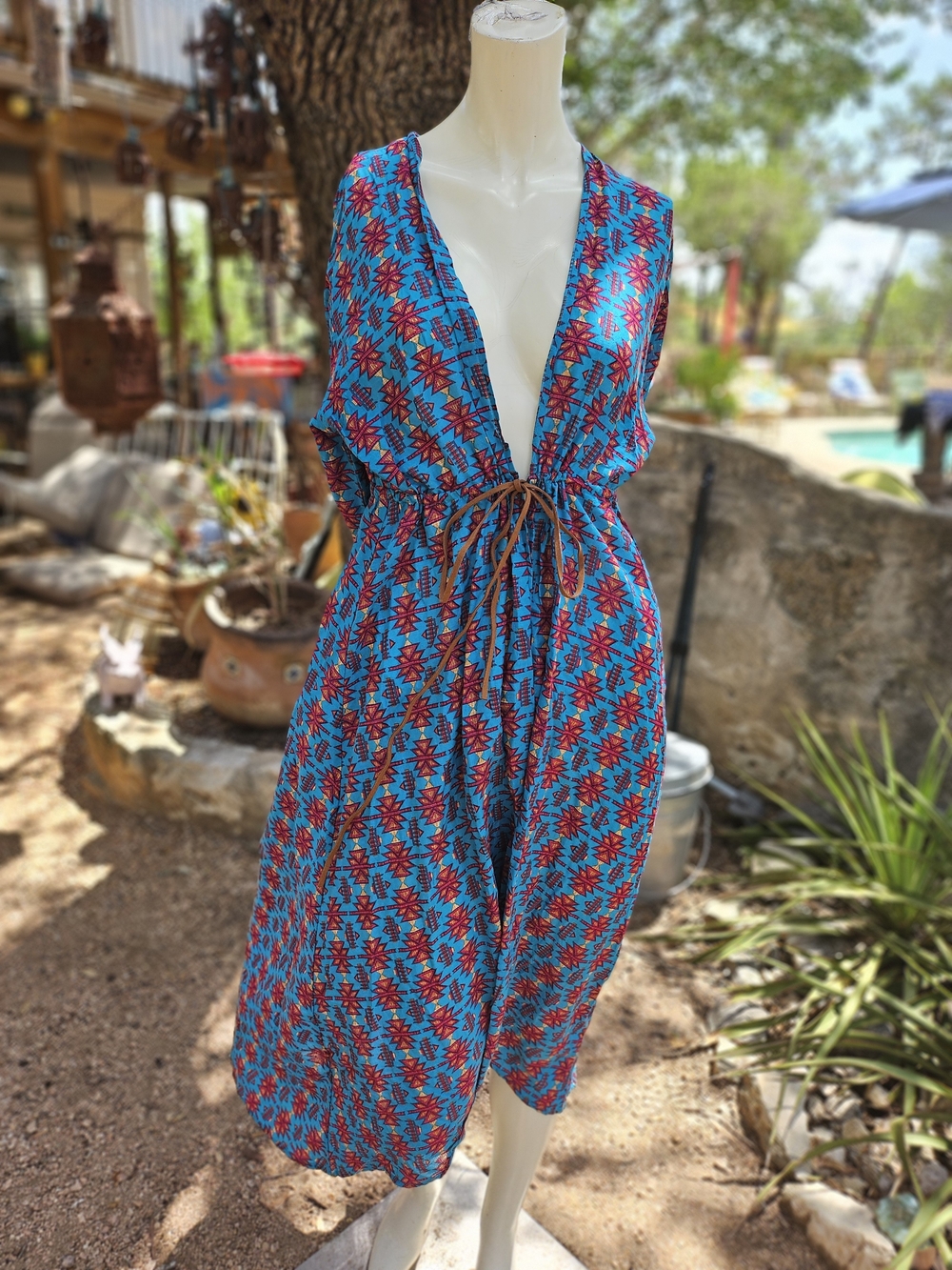 Tin Haul Blue Cotton Southwestern Azyec Brown Lace Tie-Waist Cover Up Dress XS